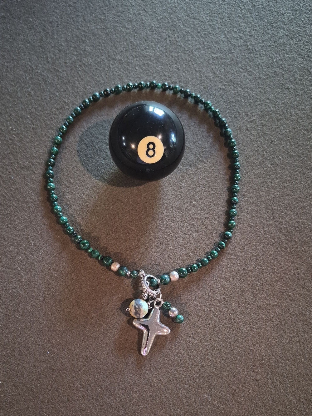 Dark Green MALACHITE Beaded Necklace with Silver-TONE Cross Pendant